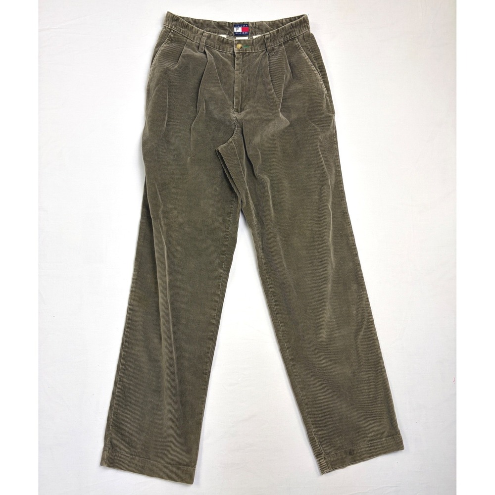Tommy Hilfiger Vintage Corduroy Pleated Pants Olive Green Mens 33x35
